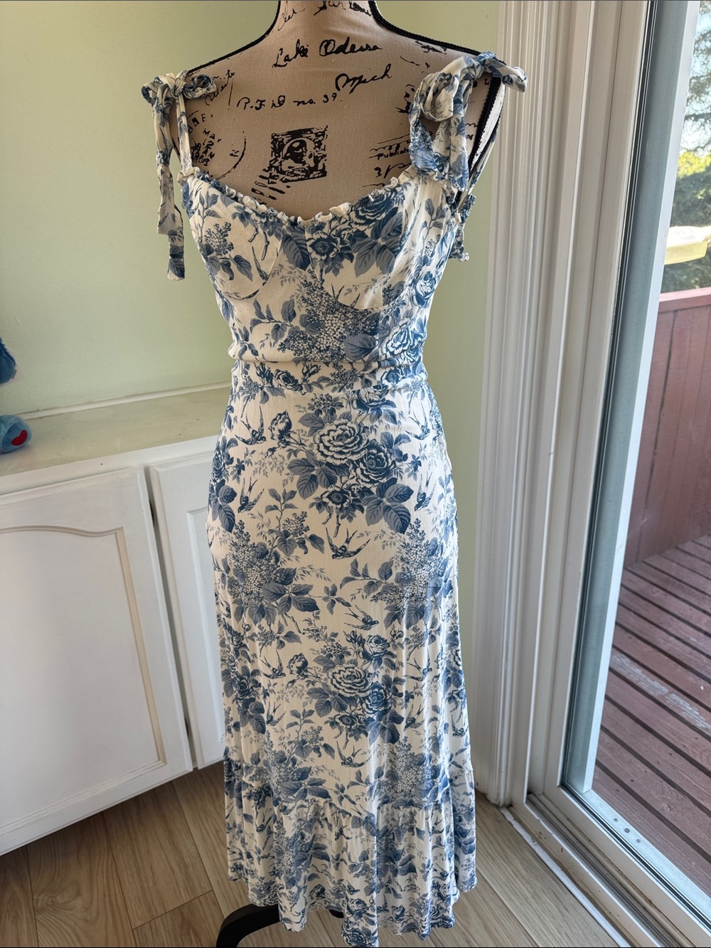 Blue Floral Cream Maxi Slip Dress with Tie Straps